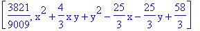 [3821/9009, x^2+4/3*x*y+y^2-25/3*x-25/3*y+58/3]